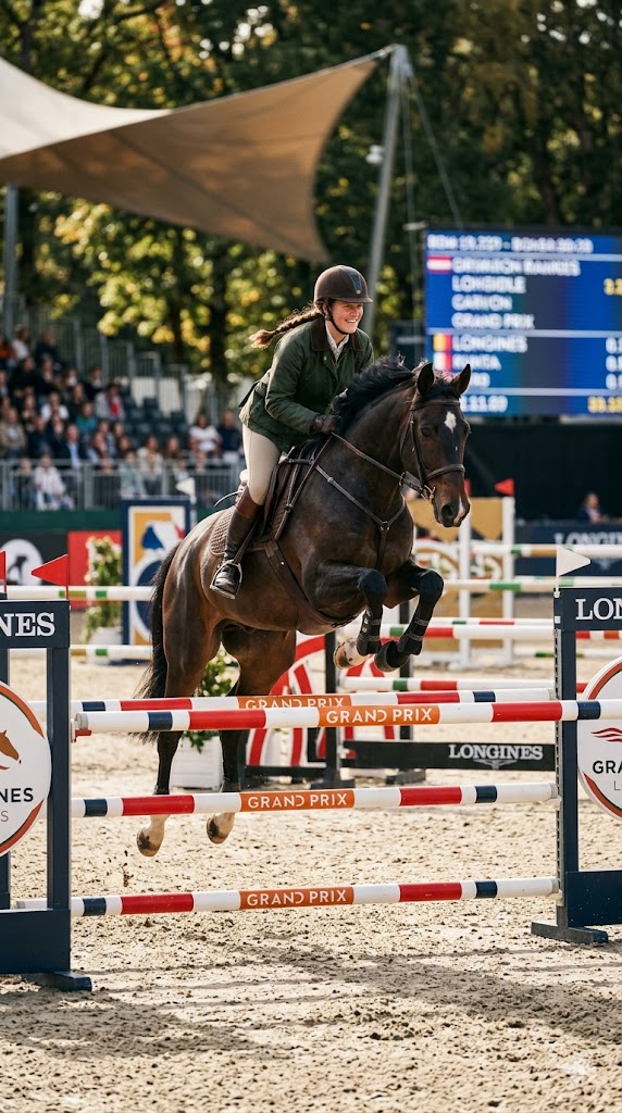 Cavalière en saut d'obstacle au Grand Prix